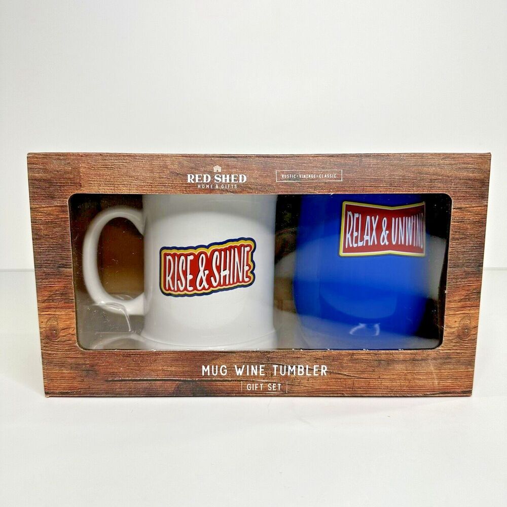 Mug Wine‎ Tumbler Gift Set Rise Shine Relax Unwind Red Shed 8oz 14oz Farmhouse